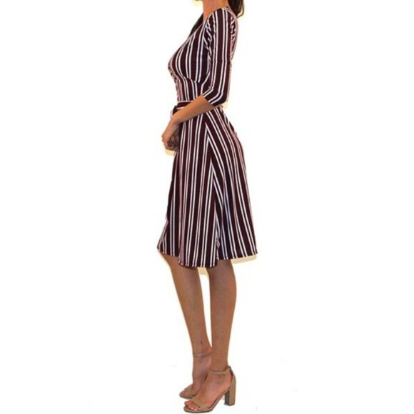 Burgundy White Stripe Faux Wrap Knee Length Dress - Picture 4 of 5